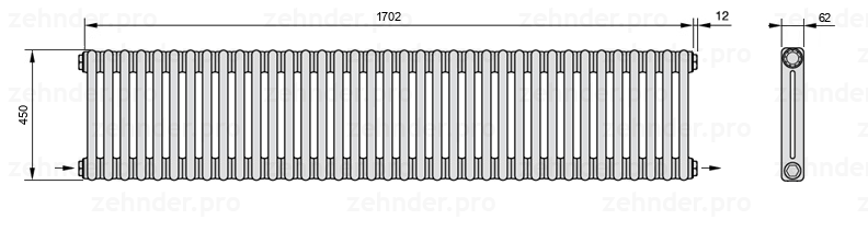 Схема (чертеж) Радиатор Zehnder Charleston 2045/37 №2670 Белый глянцевый RAL 9016